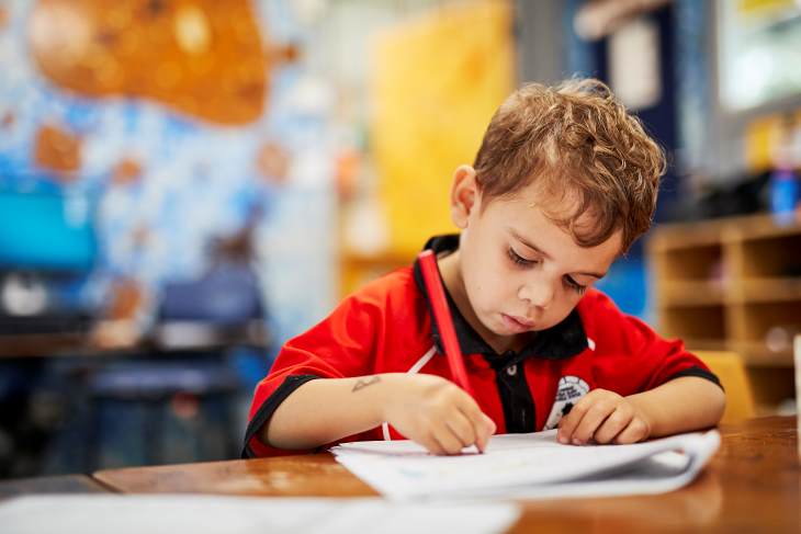 Primary student writing at his desk.